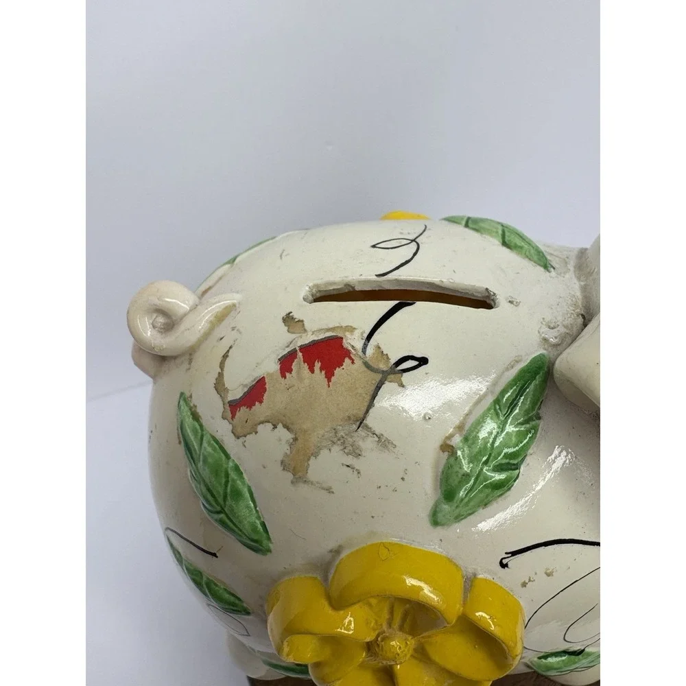 Vtg Plastic Piggy Bank Flowers Stopper White Yellow Whimsical Textured